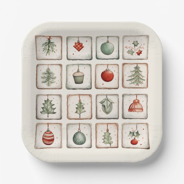 Watercolor Lineart Christmas Pattern Paper Plates (Front)