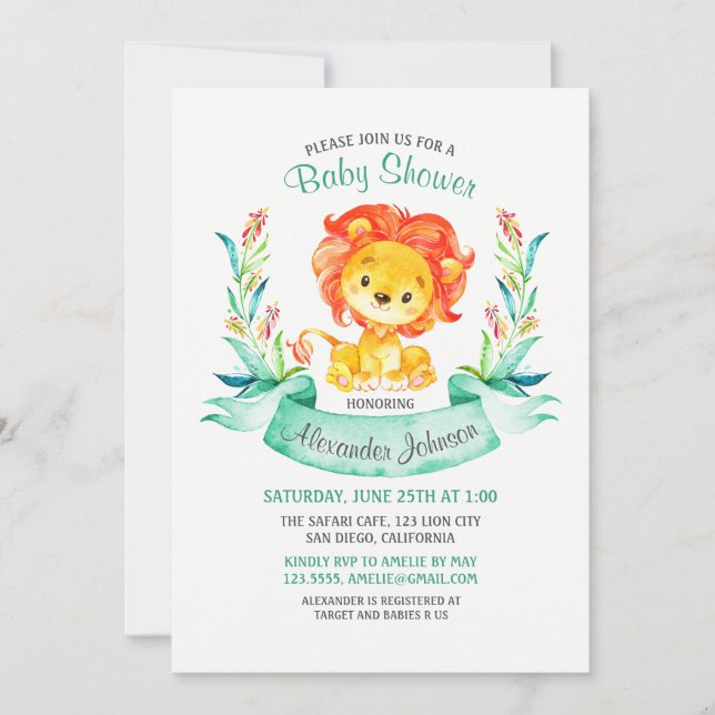 Watercolor Lion Baby Shower Invitation (Front)