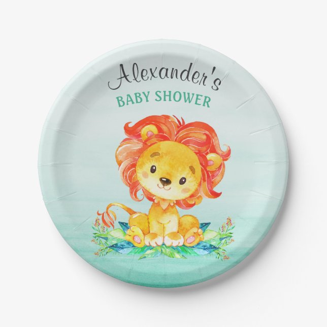 Watercolor Lion Baby Shower Paper Plates (Front)