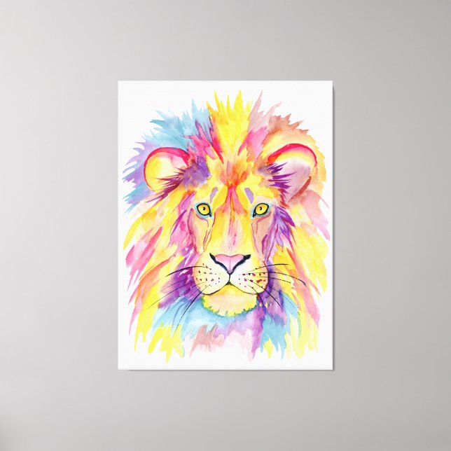 Watercolor Lion Canvas Art - Colorful Animal (Front)
