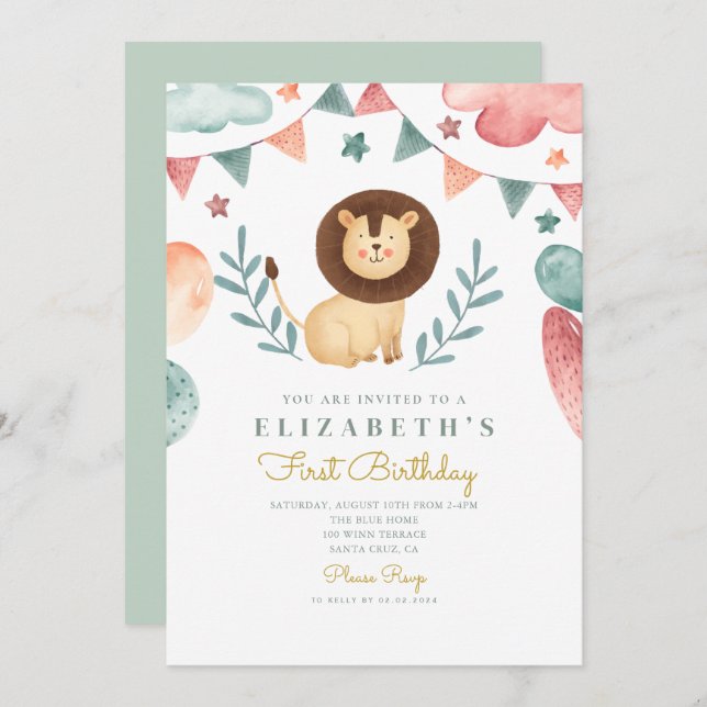 Watercolor Lion Cute  Baloons 1st Birthday Invitation (Front/Back)
