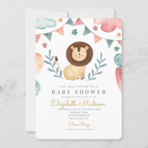 Watercolor Lion Cute Baloons Baby Shower Invitation