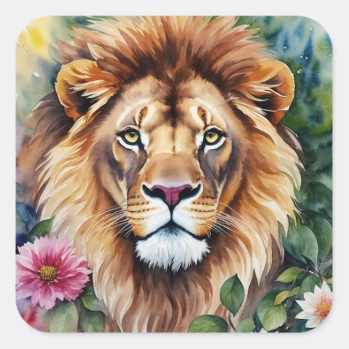 Watercolor Lion Floral Art Square Sticker