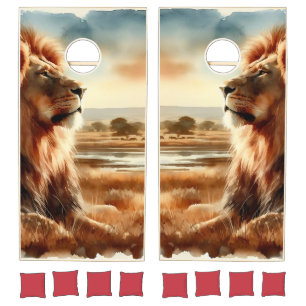 Watercolor Lion on the Savannah Cornhole Set