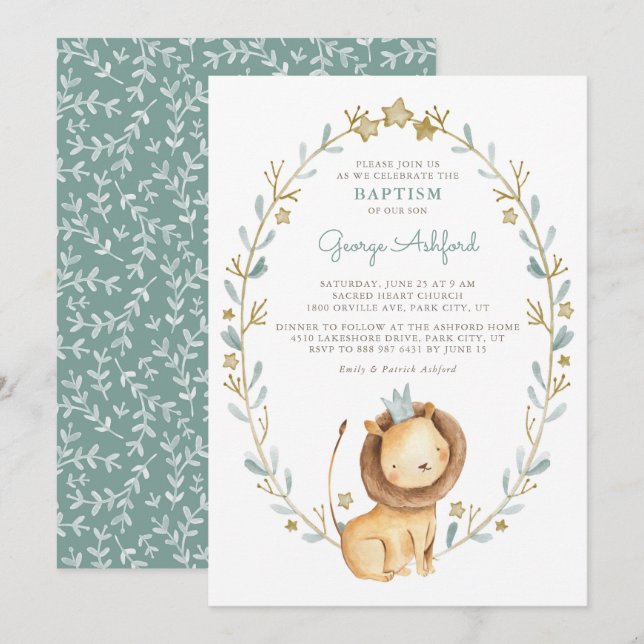 Watercolor Lion Prince Baby Boy Baptism Invitation (Front/Back)