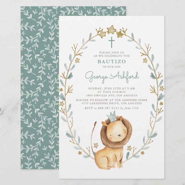Watercolor Lion Prince Baby Boy Bautizo Invitation (Front/Back)