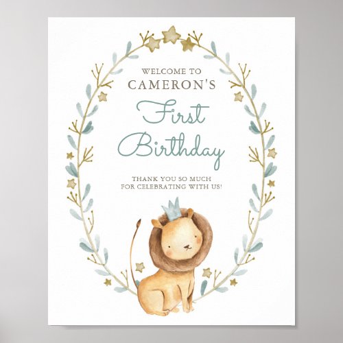 Watercolor Lion Prince First Birthday Welcome Poster
