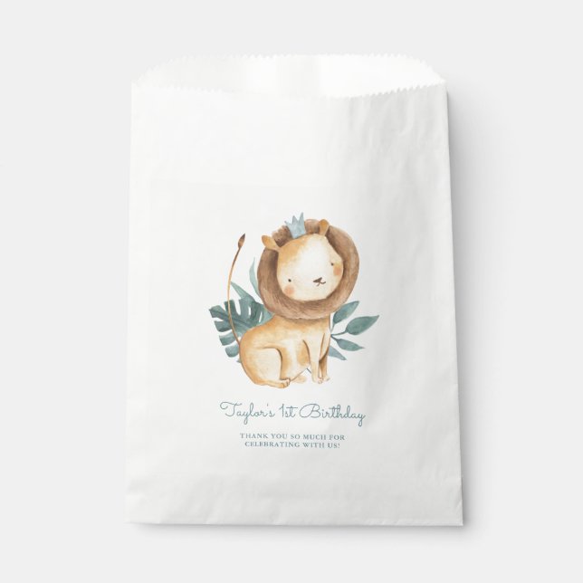 Watercolor Lion Prince Tropical Leaves Birthday Favor Bag (Front)