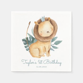 Watercolor Lion Prince Tropical Leaves Birthday Napkins by KeikoPrints at Zazzle