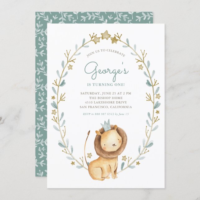 Watercolor Lion Prince Wreath Birthday Party Invitation (Front/Back)