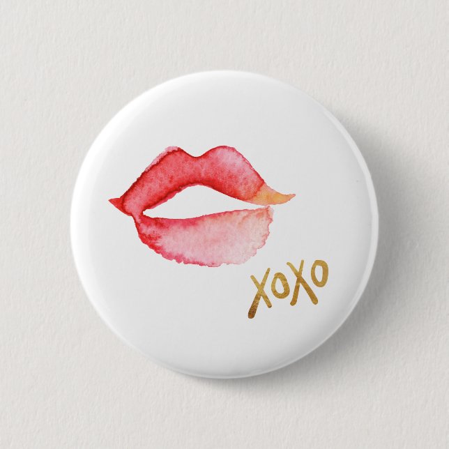 Watercolor Lips & Gold Foil XOXO Pinback Button (Front)
