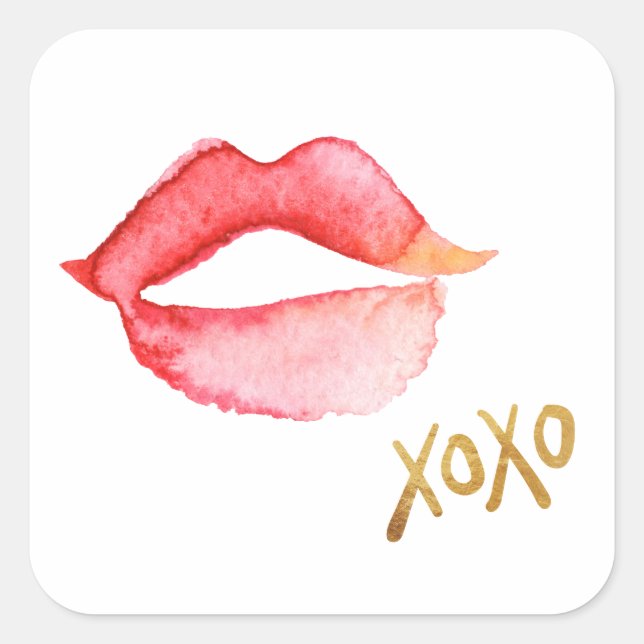 Watercolor Lips & Gold Foil XOXO Square Sticker (Front)