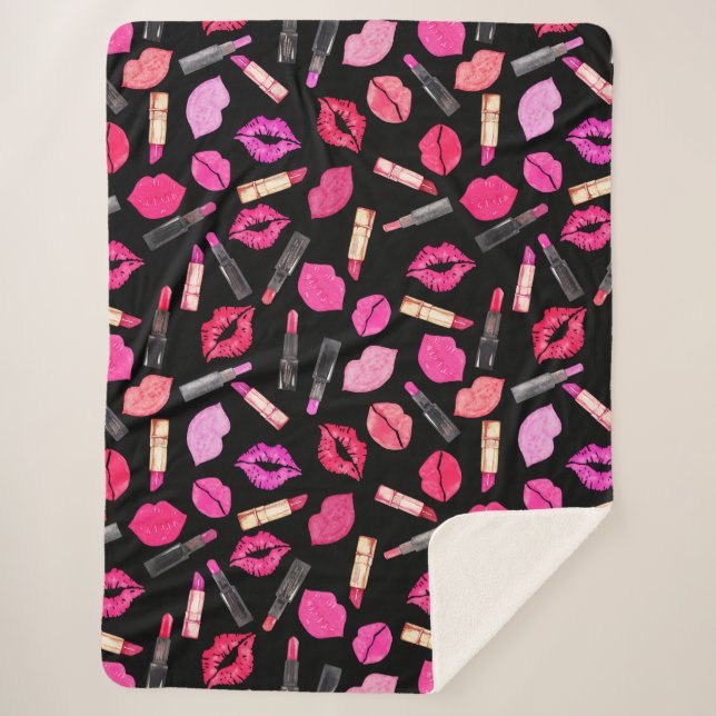 Watercolor Lipstick Pattern Makeup Artist Sherpa B Blanket (Front)