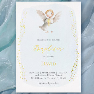 watercolor little angel Baptism baby boy Foil Invitation
