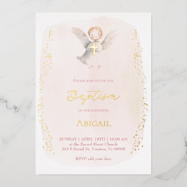 watercolor little angel Baptism baby girl Foil Invitation (Front)