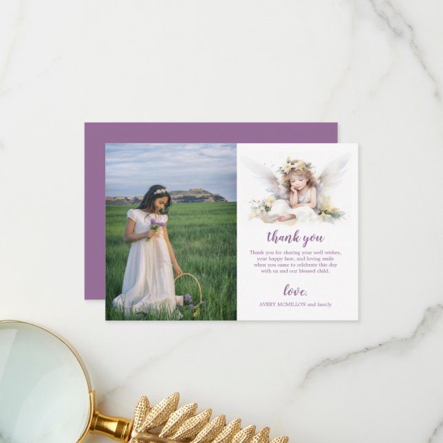Watercolor Little Angle First Holy Communion Thank You Card (Front/Back In Situ)