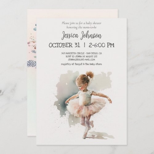 Watercolor Little Ballerina Baby Shower Invitation