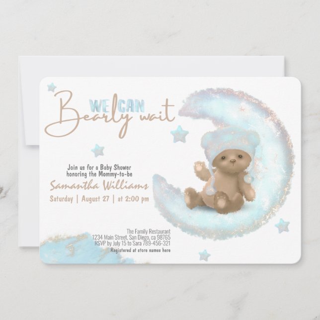 Watercolor Little bear & moon baby shower  Invitation (Front)
