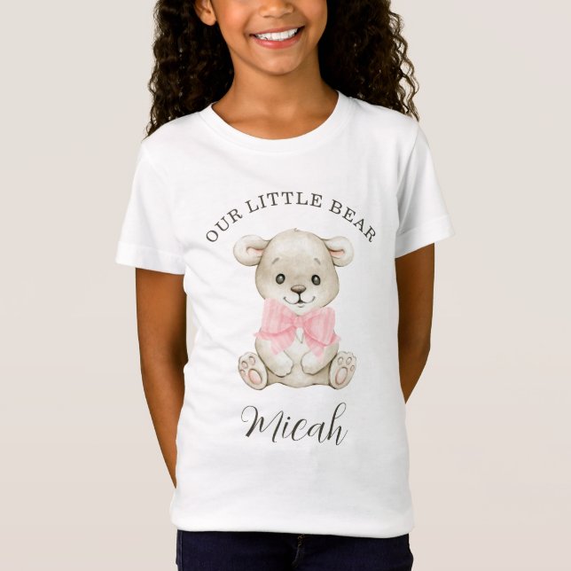 Watercolor Little Bear Pink Bow Matching Sibling T-Shirt (Front)