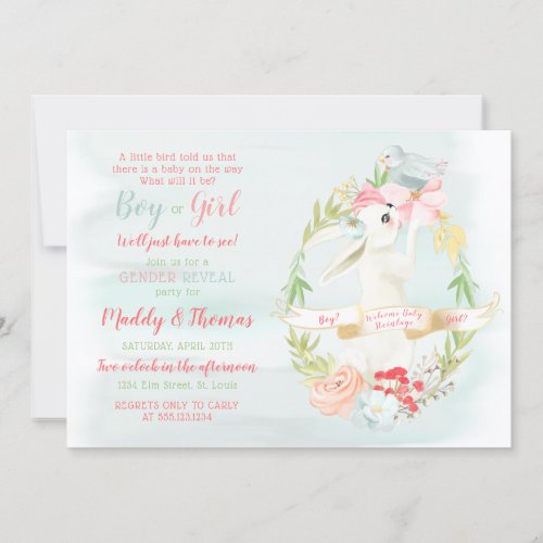 Watercolor Little Bird and Bunny Gender Reveal Invitation