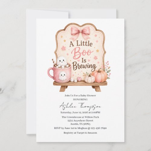 Watercolor Little Boo is Brewing Pink Baby Shower Invitation