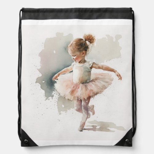 watercolor littlecute ballerina in a pink dress drawstring bag