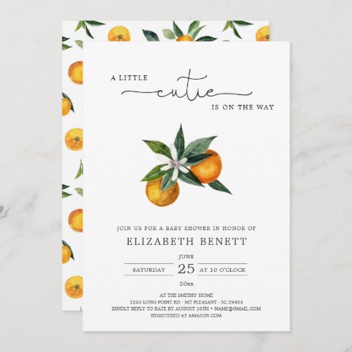 Watercolor Little Cutie Citrus Orange Baby Shower Invitation