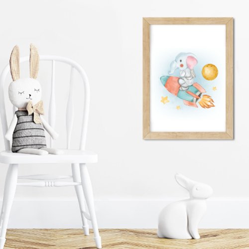 Watercolor Little Elephant Astronaut Funny Nursery Poster