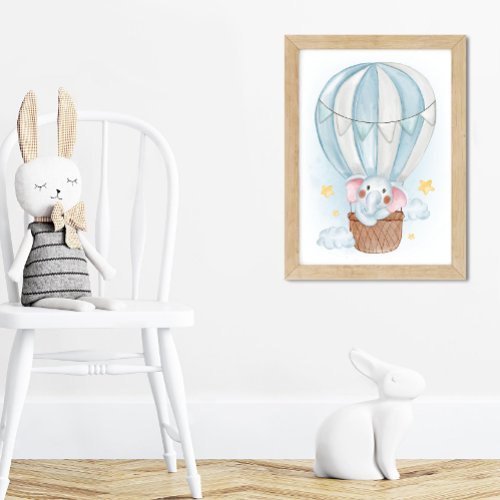 Watercolor Little Elephant Ballon Funny Nursery Poster