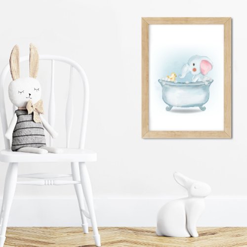 Watercolor Little Elephant on Bath Funny Nursery Poster
