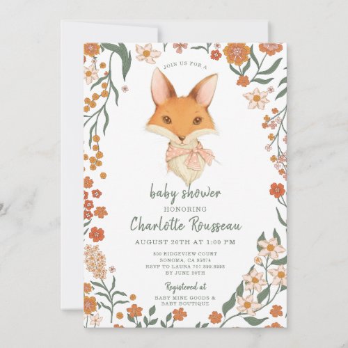 Watercolor Little Fox Floral Girl Baby Shower  Invitation