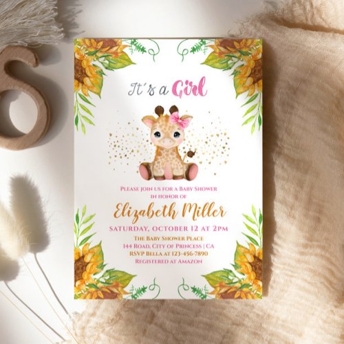 Watercolor Little Giraffe Wild Flowers Baby Shower Invitation