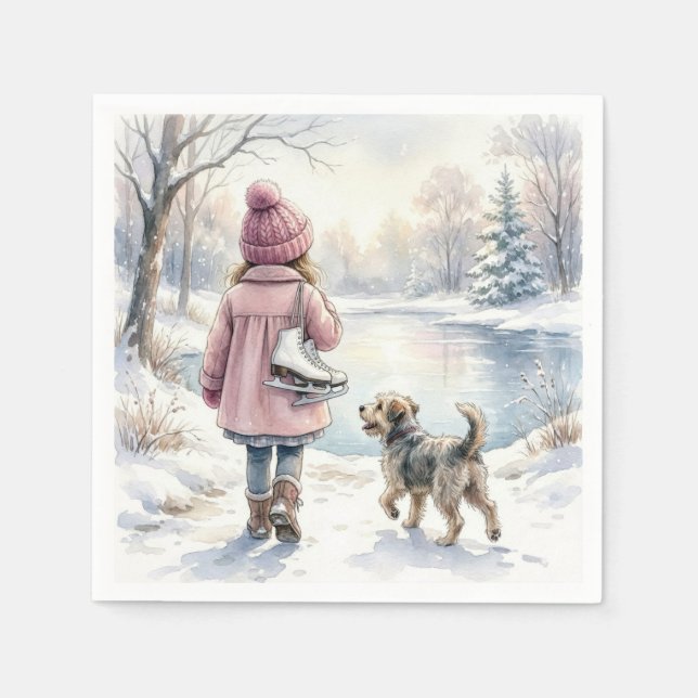 Watercolor Little Girl With Ice Skates and Dog Napkins (Front)