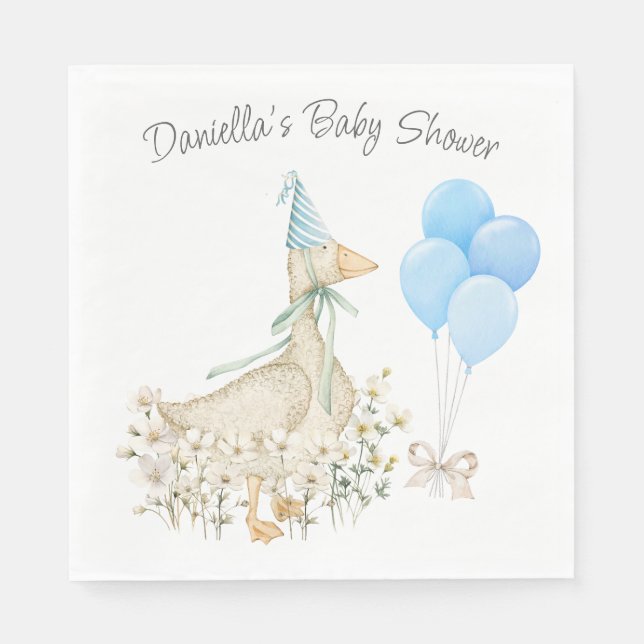 Watercolor Little Goose Wildflower Blue Balloons Napkins (Front)