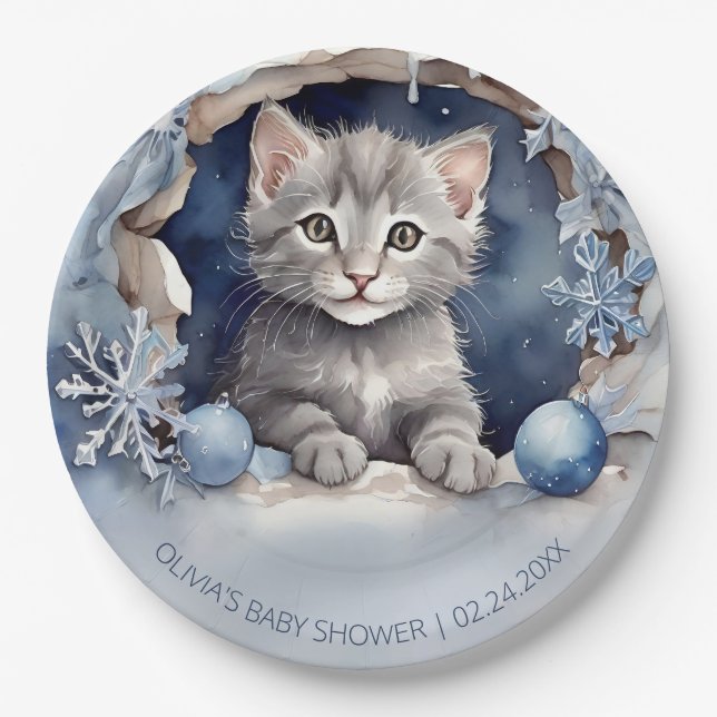 Watercolor little kitten Winter Baby Shower Paper Plates (Front)