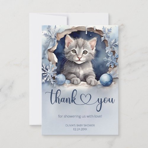 Watercolor little kitten Winter Baby Shower Thank You Card