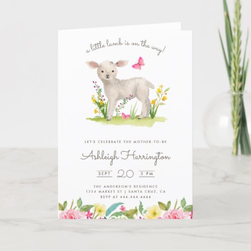 Watercolor Little Lamb Spring Meadow Baby Shower Invitation