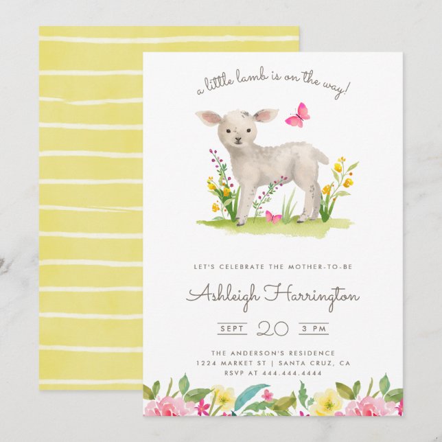 Watercolor Little Lamb Spring Meadow Baby Shower Invitation (Front/Back)