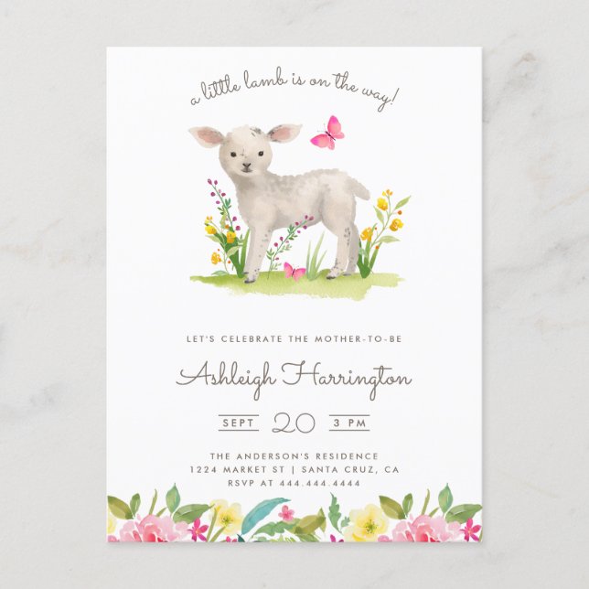 Watercolor Little Lamb Spring Meadow Baby Shower Invitation Postcard (Front)