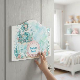 Watercolor Little Mermaid and Pink Seashell Door Sign
