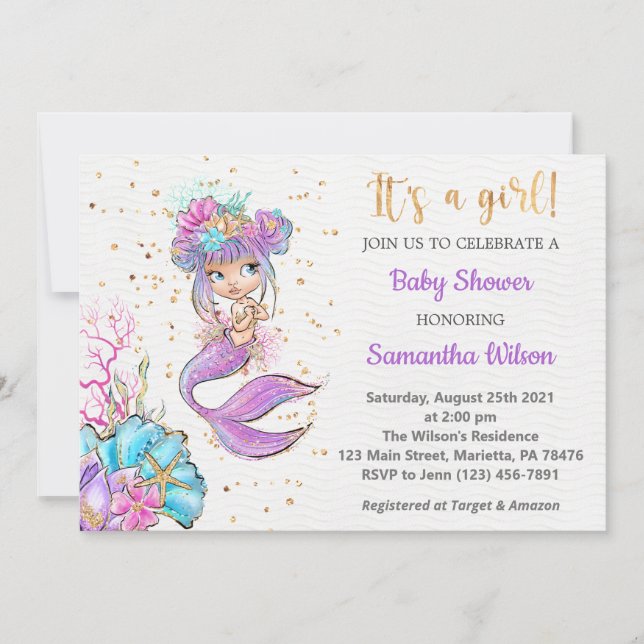 Watercolor Little Mermaid Baby Shower Invitation (Front)