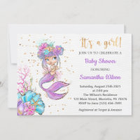 Watercolor Little Mermaid Baby Shower Invitation