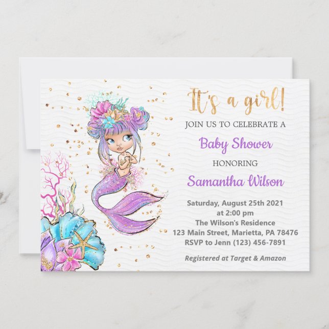 Watercolor Little Mermaid Baby Shower Invitation (Front)