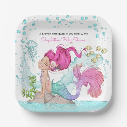 Watercolor Little Mermaid Baby Shower Paper Plates