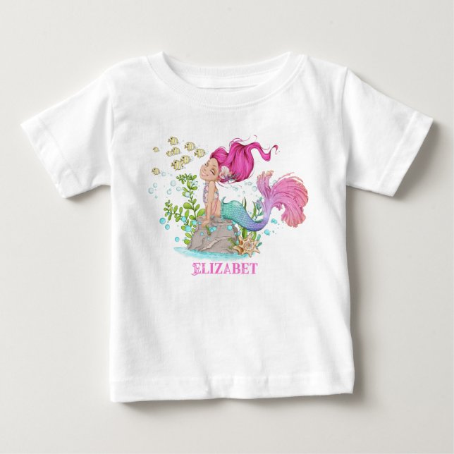 Watercolor Little Mermaid Birthday Baby T-Shirt (Front)