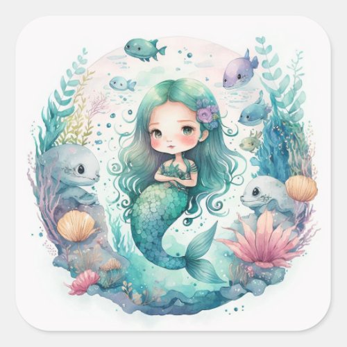 Watercolor Little Mermaid Square Sticker