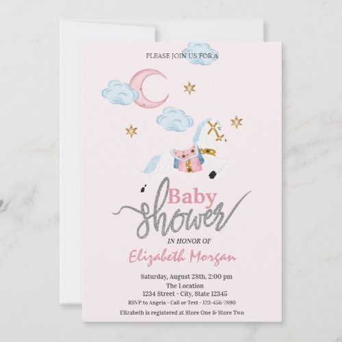 Watercolor Little Pony Pink Baby Shower Invitation