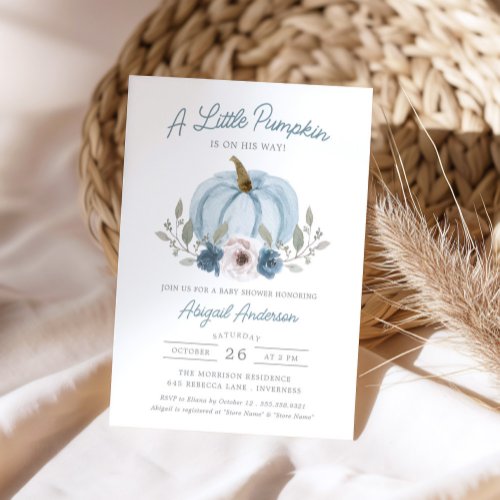 Watercolor Little Pumpkin Baby Shower Blue Invitation