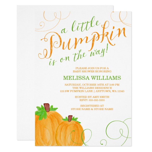 Watercolor Little Pumpkin Fall Baby Shower Invitation