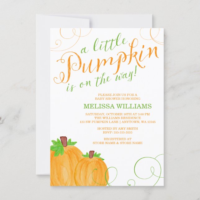 Watercolor Little Pumpkin Fall Baby Shower Invitation (Front)
